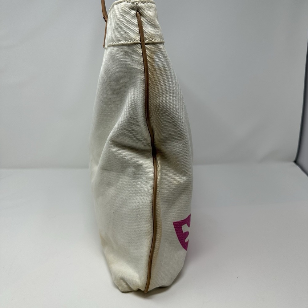 👜💕 Tory Burch Large Tote Off-White Canvas Vibrant Pink Lorenzo Bird Motif Bag - Picture 4 of 8